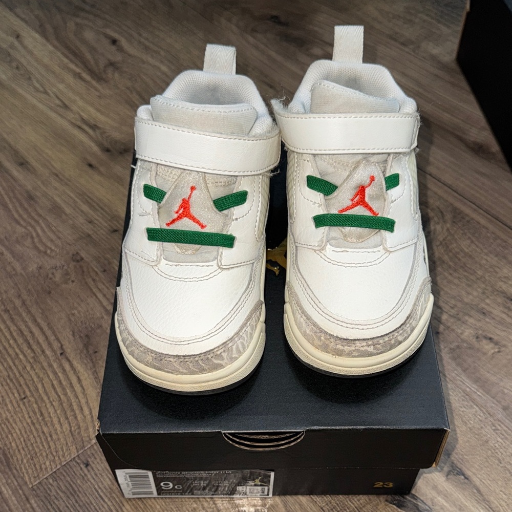 Jordan Kids Sneakers in White and Green with Red Logo